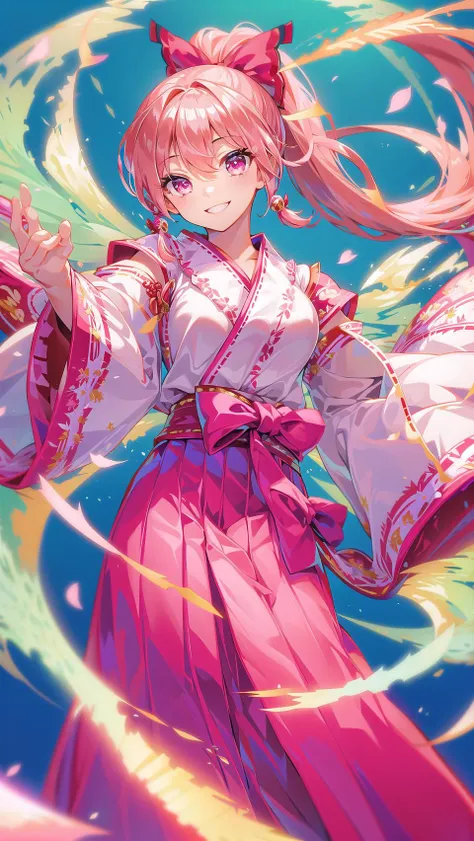 masterpiece, best quality,hbrwfs, 1girl, solo, japanese clothes, pink hair, long hair, skirt, breasts, smile, looking at viewer, hakama, holding, ponytail, wide sleeves, hakama skirt, ribbon, miko clothes, <lora:HbrStyleV1-000007:0.8>