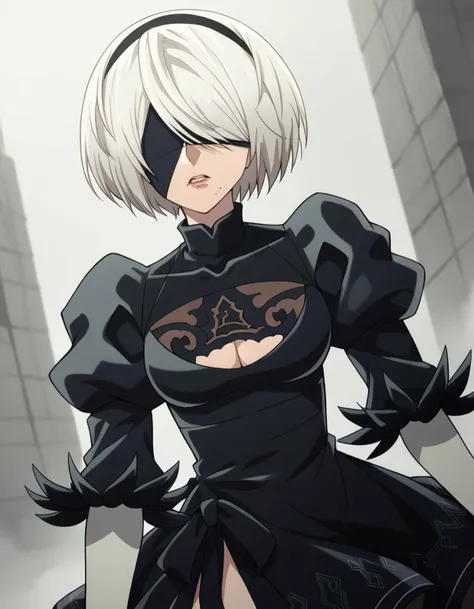 score_9, score_8_up, score_7_up, source_anime,
2b, 2b, yorha no. 2 type b, short hair, white hair, hairband, mole, black hairband, mole under mouth, blindfold, covered eyes, black blindfold,
gloves, long sleeves, puffy sleeves,, clothing cutout, cleavage cutout, juliet sleeves, feather-trimmed sleeves,
outdoors, wasteland,((white leotard, cameltoe))
solo, dutch angle, looking at viewer, cowboy shot,