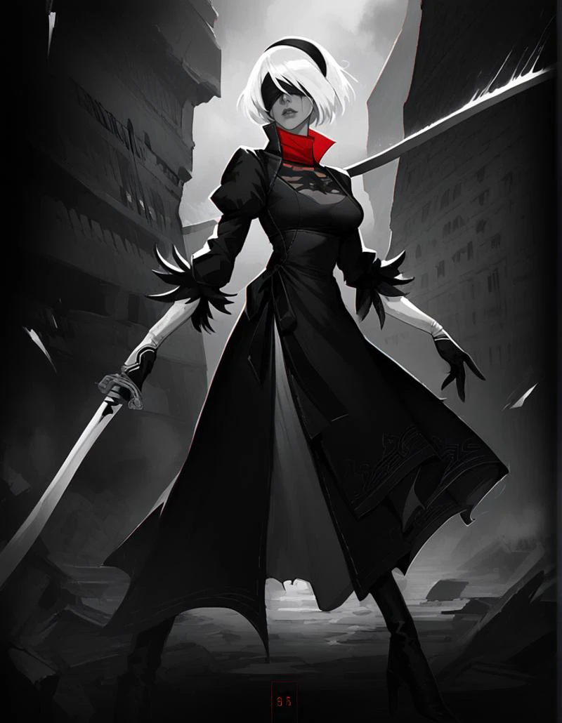 score_9, score_8_up, score_7_up, motion blur, detailed background, looking at viewer, realistic lighting, mature female, detailed eyes,
heavy makeup, parted lips, dynamic pose, slim and fit, 1 girl, full body,
<lora:Pony - Style - Othercide Epoch5:1.5>, othercide, monochrome,red scarf,
<lora:Ratpony:0.5>, ratatatat74, sketch,
<lora:nier-2b-ponyxl-lora-nochekaiser:0.6>, 2b, black blindfold, black hairband, blindfold, hairband, short hair, white hair, katana, holding sword,