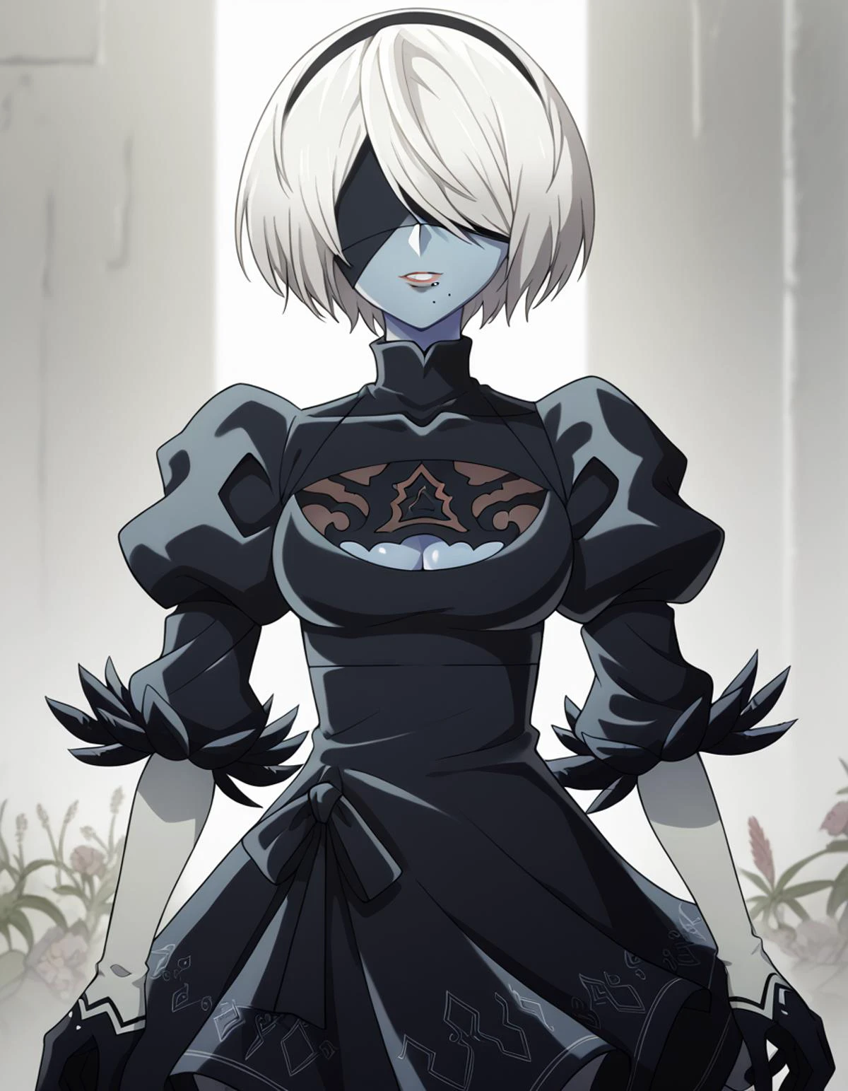 score_9, score_8_up, score_7_up, source_anime,
2b, <lora:2b-s1-ponyxl-lora-nochekaiser:1>,
2b, yorha no. 2 type b, short hair, white hair, hairband, mole, black hairband, mole under mouth, blindfold, covered eyes, black blindfold,
gloves, long sleeves, dress, puffy sleeves, black dress, clothing cutout, cleavage cutout, juliet sleeves, feather-trimmed sleeves,
smile, <lora:slime-girl-ponyxl-lora-nochekaiser:1>, slime girl, monster girl, slime (substance), slimification, blue skin, see-through body, colored skin,
looking at viewer, cowboy shot, solo,
