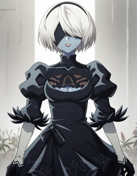 score_9, score_8_up, score_7_up, source_anime,
2b, <lora:2b-s1-ponyxl-lora-nochekaiser:1>,
2b, yorha no. 2 type b, short hair, white hair, hairband, mole, black hairband, mole under mouth, blindfold, covered eyes, black blindfold,
gloves, long sleeves, dress, puffy sleeves, black dress, clothing cutout, cleavage cutout, juliet sleeves, feather-trimmed sleeves,
smile, <lora:slime-girl-ponyxl-lora-nochekaiser:1>, slime girl, monster girl, slime (substance), slimification, blue skin, see-through body, colored skin, 
looking at viewer, cowboy shot, solo,