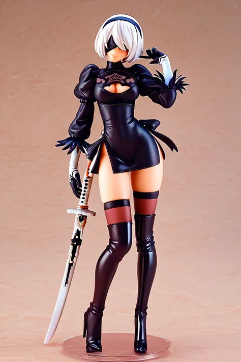 score_9, score_8_up, score_8, medium breasts, cute, eyelashes, figure, <lora:nier-2b-ponyxl-lora-nochekaiser:0.8>, 2b, black blindfold, black hairband, blindfold, hairband, short hair, white hair, black skirt, black thighhighs, boots, cleavage cutout, clothing cutout, hairband, high heels, long sleeves, robot, side slit, skirt, thigh boots, thighhighs, cowboy shot, smile, looking at viewer, <lora:Anime_Figure_P1:1>,