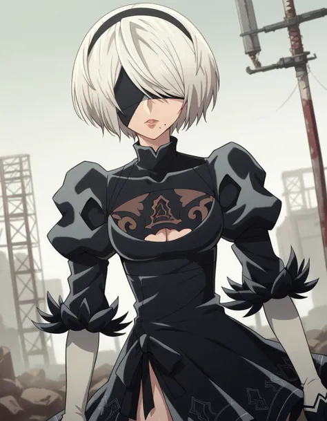 score_9, score_8_up, score_7_up, source_anime,
2b, <lora:2b-s1-ponyxl-lora-nochekaiser:1>,
2b, yorha no. 2 type b, short hair, white hair, hairband, mole, black hairband, mole under mouth, blindfold, covered eyes, black blindfold,
gloves, long sleeves, dress, puffy sleeves, black dress, clothing cutout, cleavage cutout, juliet sleeves, feather-trimmed sleeves,
outdoors, wasteland,
solo, dutch angle, looking at viewer, cowboy shot,