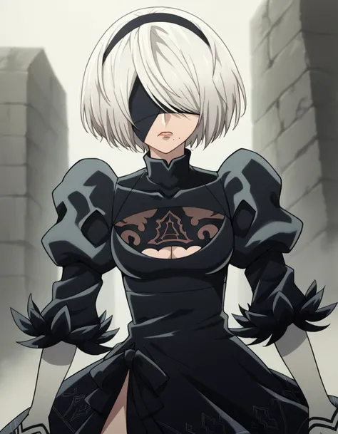 score_9, score_8_up, score_7_up, source_anime,
2b, <lora:2b-s1-ponyxl-lora-nochekaiser:1>,
2b, yorha no. 2 type b, short hair, white hair, hairband, mole, black hairband, mole under mouth, blindfold, covered eyes, black blindfold,
gloves, long sleeves, dress, puffy sleeves, black dress, clothing cutout, cleavage cutout, juliet sleeves, feather-trimmed sleeves,
scared, <lora:fog-ponyxl-lora-nochekaiser:1>, fog,
looking at viewer, cowboy shot, dutch angle, solo,