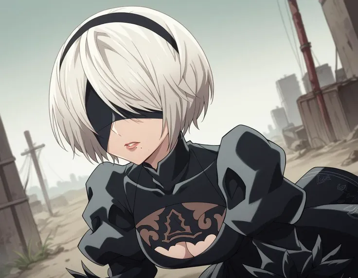 score_9, score_8_up, score_7_up, source_anime,
2b, <lora:2b-s1-ponyxl-lora-nochekaiser:1>,
2b, yorha no. 2 type b, short hair, white hair, hairband, mole, black hairband, mole under mouth, blindfold, covered eyes, black blindfold,
gloves, long sleeves, dress, puffy sleeves, black dress, clothing cutout, cleavage cutout, juliet sleeves, feather-trimmed sleeves,
outdoors, wasteland, bent over,
solo, dutch angle, looking at viewer, cowboy shot,