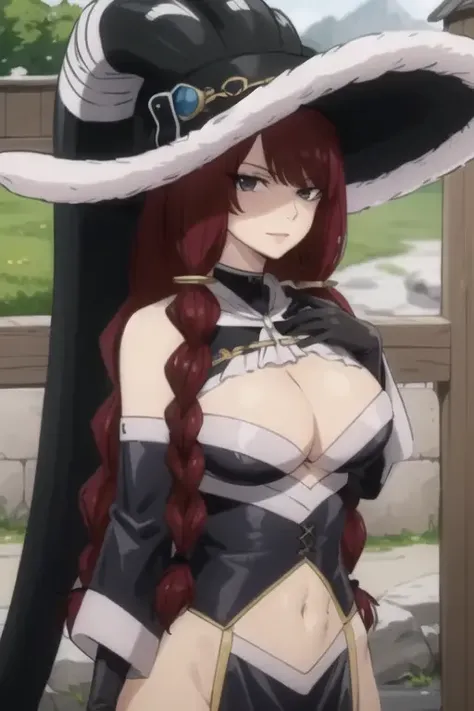 (masterpiece, best quality), highly detailed, highres, hdr, extremely detailed illustration, detailed face and eyes, <lora:Irene_Belserion-10:0.8>, irenebelserion, 1girl, solo, breasts, looking at viewer, thighhighs, gloves, hat, navel, holding, cleavage, black gloves, witch hat, (upper body:1.1),