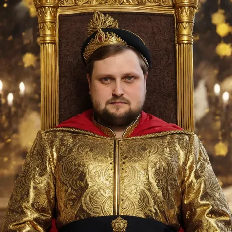 a kuplinov,<lora:kuplinov2:0.9>,complex background,magic, medieval royal clothing, gold crown, golden armor, made of gold, sits on a throne of gold