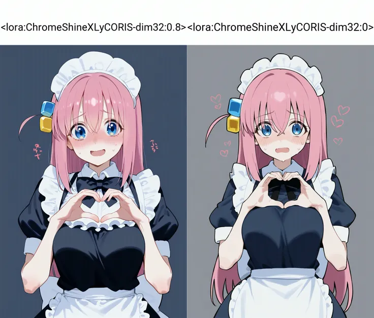 <lora:ChromeShineXLyCORIS-dim32:0.8> score_9, 1girl, gotoh hitori, bocchi the rock!, (nervous), gloom \(expression\), apron, black bow, black bowtie, black dress, blue eyes, blush, bow, bowtie, breasts, collared dress, cropped torso, cube hair ornament, dress, grey background, hair between eyes, hair ornament, hands up, heart, heart hands, long hair, looking at viewer, maid, maid headdress, medium breasts, open mouth, pink hair, puffy short sleeves, puffy sleeves, short sleeves, sidelocks, simple background, slime \(substance\), smile, solo, sweat, upper body, white apron,