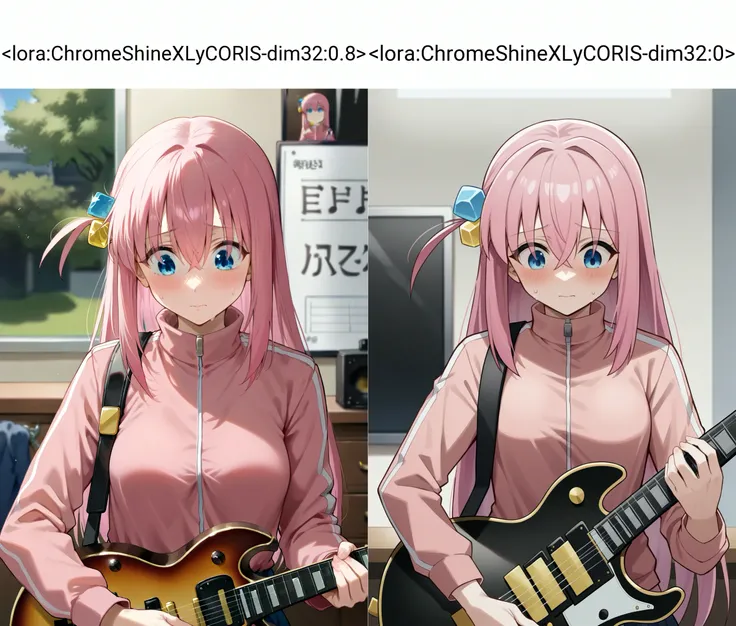<lora:ChromeShineXLyCORIS-dim32:0.8> score_9, 1girl, gotou hitori, bocchi the rock!, blue eyes, blurry, blurry background, blush, closed mouth, cube hair ornament, electric guitar, gibson les paul, guitar, hair between eyes, hair ornament, holding, holding instrument, indoors, instrument, jacket, long hair, long sleeves, looking down, music, one side up, pink hair, pink jacket, playing instrument, solo, sweat, track jacket, upper body,
