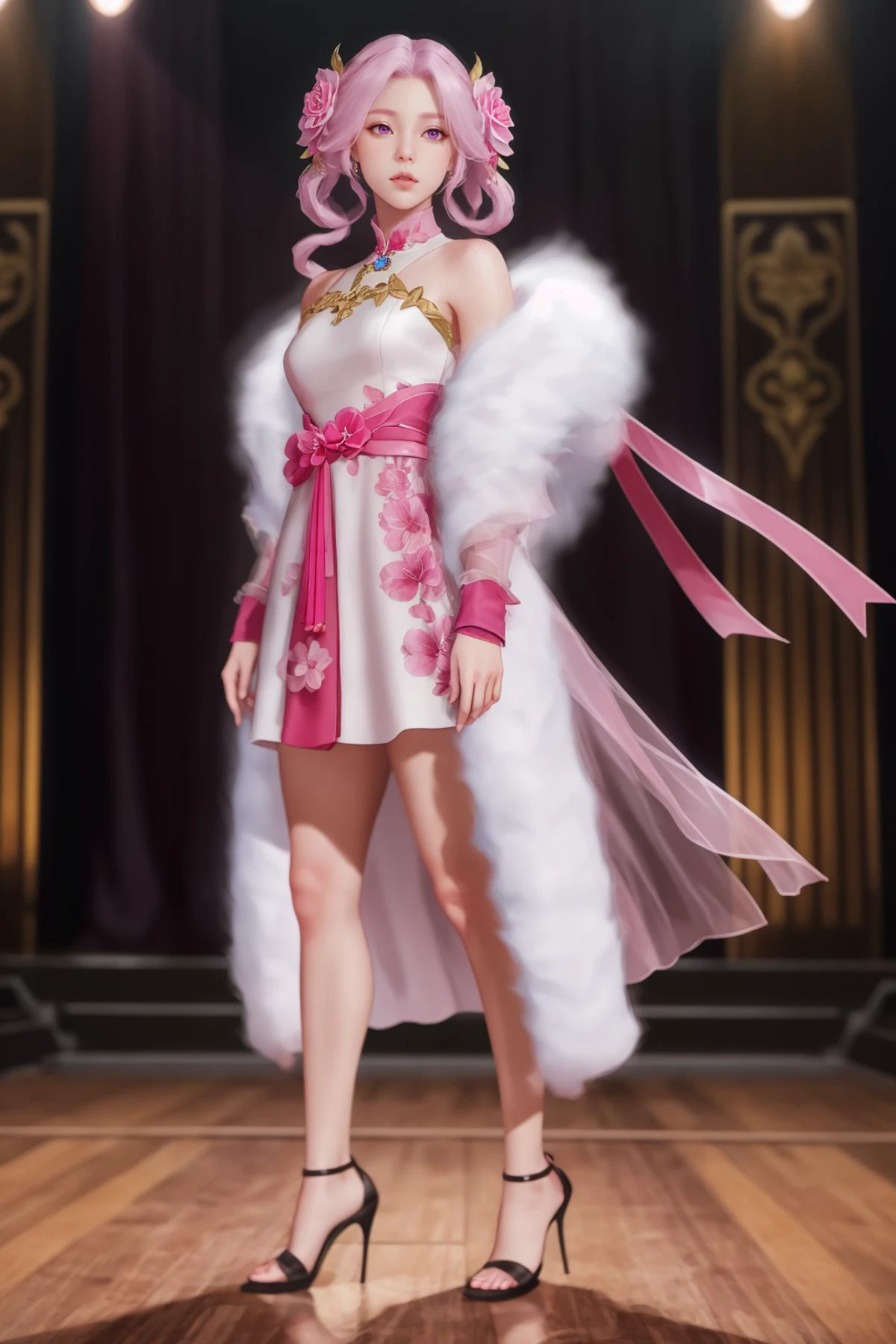8k,highres,absurdres,masterpiece,best quality,original,extremely detailed CG,extremely detailed wallpaper,perfect lighting,<lyco:GoodHands-beta2:1>,
1girl,solo,blurry_background,looking_at_viewer,standing on the stage,
<lora:WZRYchangeJSS:0.6> WZRYchangeJSS,flower,pink hair,purple eyes,dress,hair ornament,hair flower,fur trim,tassel,hair rings,