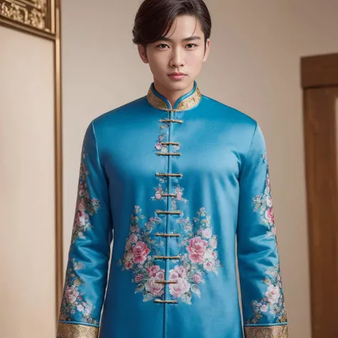 (8k, RAW photo, best quality, masterpiece:1.2), (realistic, photo-realistic:1.4), ultra-detailed, (young male internet celebrity),masculine style,perfect detail , make up,(full body:1.5),chinese style architecture,a man, a man, a blue dress with a floral pattern on it,<lora:nzshs-10:0.7>