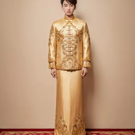 (8k, RAW photo, best quality, masterpiece:1.2), (realistic, photo-realistic:1.4), ultra-detailed, (young male internet celebrity),masculine style,perfect detail ,  make up,(full body:1.5),chinese style architecture,a man, a gold dress with a gold jacket on a mannequin,<lora:nzshs-10:0.8>