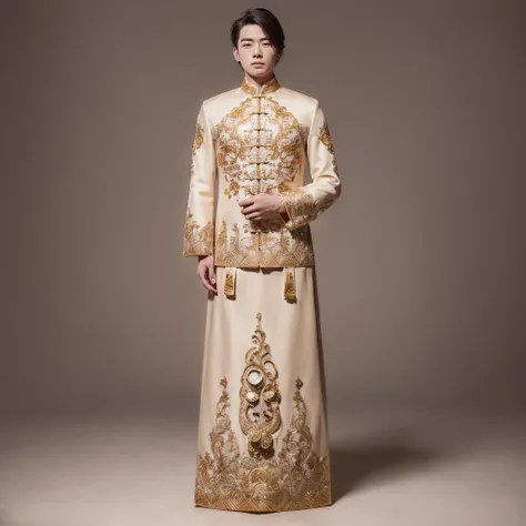 (8k, RAW photo, best quality, masterpiece:1.2), (realistic, photo-realistic:1.4), ultra-detailed, (young male internet celebrity),masculine style,perfect detail , make up,(full body:1.5),chinese style architecture,a man, a woman's dress with a gold and white design<lora:nzshs-10:0.8>