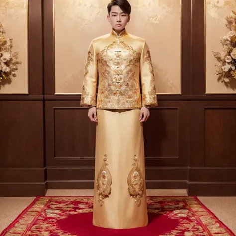 (8k, RAW photo, best quality, masterpiece:1.2), (realistic, photo-realistic:1.4), ultra-detailed, (young male internet celebrity),masculine style,perfect detail , make up,(full body:1.5),chinese style architecture,a man, a gold dress with a gold jacket on a mannequin,<lora:nzshs-10:0.8>