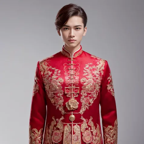 (8k, RAW photo, best quality, masterpiece:1.2), (realistic, photo-realistic:1.4), ultra-detailed, (young male internet celebrity),masculine style,perfect detail ,  make up,(full body:1.5),chinese style architecture,a dress with a red and gold pattern on it<lora:nzshs-10:0.7>