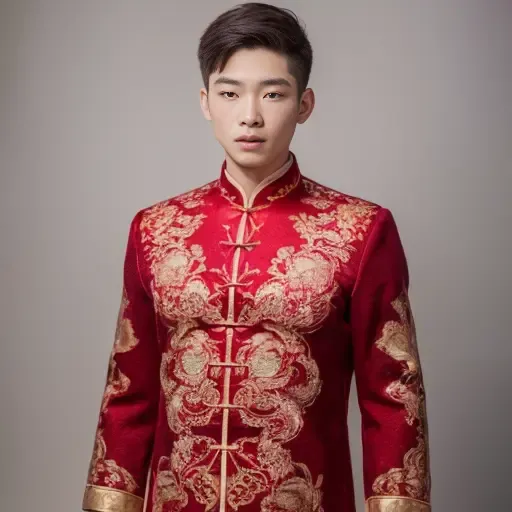 (8k, RAW photo, best quality, masterpiece:1.2), (realistic, photo-realistic:1.4), ultra-detailed, (young male internet celebrity),perfect detail , make up,(full body shot:1.1),chinese style architecture,a dress with a red and gold pattern on it<lora:nzshs-10:0.8>
