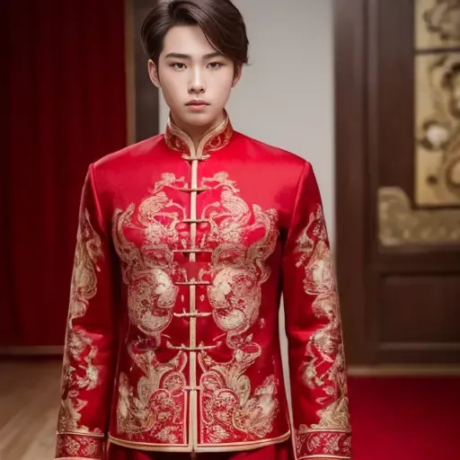 (8k, RAW photo, best quality, masterpiece:1.2), (realistic, photo-realistic:1.4), ultra-detailed, (young male internet celebrity),masculine style,perfect detail , make up,(full body:1.5),chinese style architecture,a dress with a red and gold pattern on it<lora:nzshs-10:0.7>