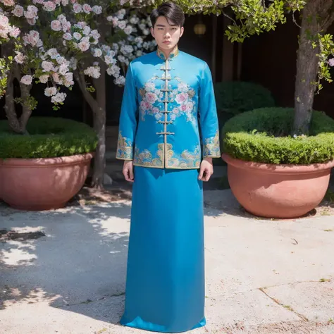 (8k, RAW photo, best quality, masterpiece:1.2), (realistic, photo-realistic:1.4), ultra-detailed, (young male internet celebrity),masculine style,perfect detail , make up,(full body:1.5),chinese style architecture,a man, a man, a blue dress with a floral pattern on it,<lora:nzshs-10:0.7>