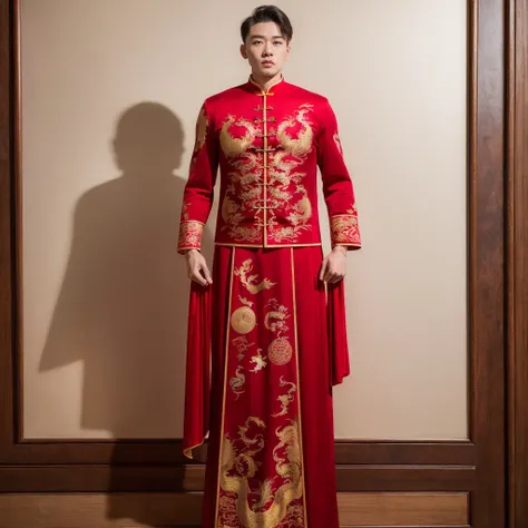 (8k, RAW photo, best quality, masterpiece:1.2), (realistic, photo-realistic:1.4), ultra-detailed, (young male internet celebrity),masculine style,perfect detail , make up,(full body:1.5),chinese style architecture,a man, a chinese dress with a dragon on it,<lora:nzshs-10:0.7>