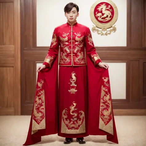 (8k, RAW photo, best quality, masterpiece:1.2), (realistic, photo-realistic:1.4), ultra-detailed, (young male internet celebrity),masculine style,perfect detail , make up,(full body:1.5),chinese style architecture,a man, a chinese dress with a dragon on it,<lora:nzshs-10:0.7>