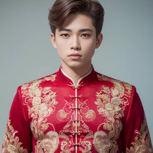 (8k, RAW photo, best quality, masterpiece:1.2), (realistic, photo-realistic:1.4), ultra-detailed, (young male internet celebrity),perfect detail , make up,(upper body shot:1.1),chinese style architecture, a man, a dress with a red and gold pattern on it<lora:nzshs-10:0.8>