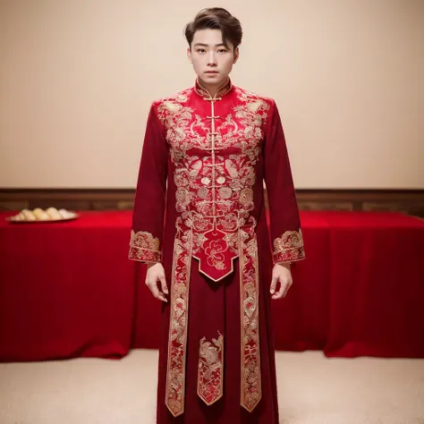 (8k, RAW photo, best quality, masterpiece:1.2), (realistic, photo-realistic:1.4), ultra-detailed, (young male internet celebrity),masculine style,perfect detail , make up,(full body:1.5),chinese style architecture,a dress with a red and gold pattern on it<lora:nzshs-10:0.7>