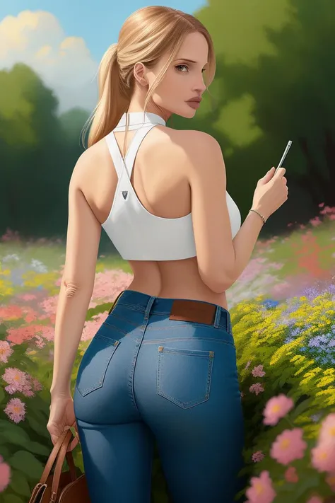 photo of (amandal33-take4-375-600), a woman with toned figure, modelshoot style, (extremely detailed CG unity 8k wallpaper), photo of the most beautiful artwork in the world, professional majestic oil painting by Ed Blinkey, Atey Ghailan, Studio Ghibli, by Jeremy Mann, Greg Manchess, Antonio Moro, trending on ArtStation, trending on CGSociety, Intricate, High Detail, Sharp focus, dramatic, photorealistic painting art by midjourney and greg rutkowski, ((garden with bushes and flowers)), ((sunny sky, clouds)), (looking at viewer), (detailed eyes:1.2), (black halter crop top:1.2),(tight jeans:1.2),(large ass:1.2),(long blonde hair:1.2)