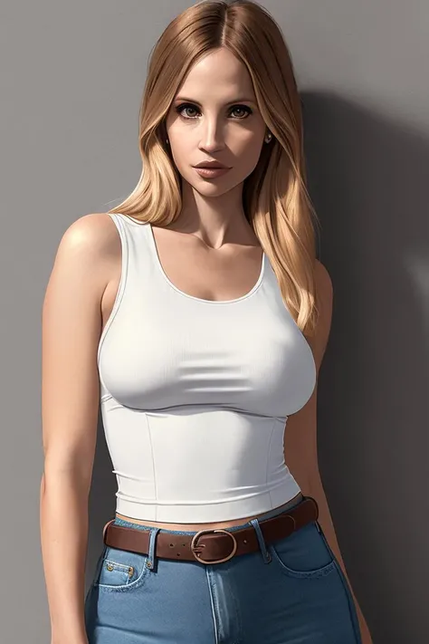 photo of (amandal33-take4-375), a woman (wearing a tight white tank top:1.2), (wearing jeans:1.3), cleavage, modelshoot style, (extremely detailed CG unity 8k wallpaper), photo of the most beautiful artwork in the world, professional majestic oil painting by Ed Blinkey, Atey Ghailan, Studio Ghibli, by Jeremy Mann, Greg Manchess, Antonio Moro, trending on ArtStation, trending on CGSociety, Intricate, High Detail, Sharp focus, dramatic, photorealistic painting art by midjourney and greg rutkowski, (leather belt), (in a modeling studio:1.2), (looking at viewer), (detailed eyes:1.2)