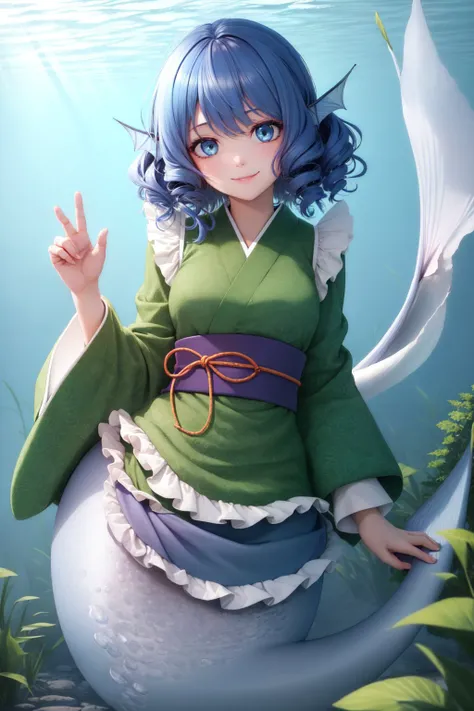 (masterpiece, best quality:1.2), <lyco:touhou_wakasagihime-10:1.0>, underwater, solo, 1girl, wakasagihime, smile, looking at viewer, mermaid, blue hair, drill hair, japanese clothes, frills, green kimono, wide sleeves, sash, obi