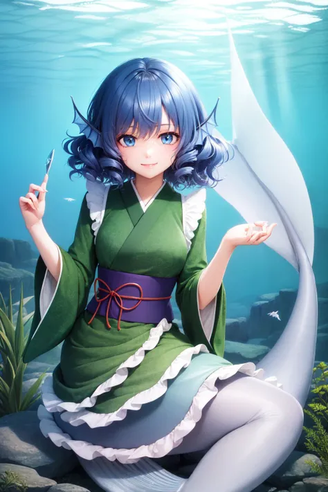 (masterpiece, best quality:1.2), <lyco:touhou_wakasagihime-10:1.0>, underwater, solo, 1girl, wakasagihime, smile, looking at viewer, mermaid, drill hair, japanese clothes, frills, green kimono, wide sleeves, sash, obi