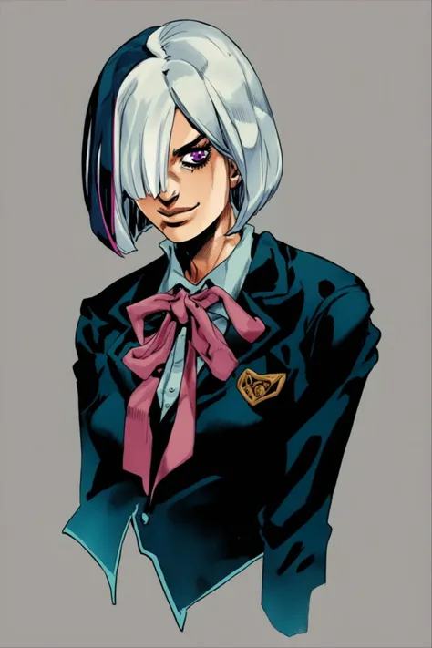 score_9, score_8_up, score_7_up, score_6_up, simple background, 1girl, hair over one eye, eyelashes, white hair, streaked hair, bob cut, school uniform, blazer, ribbon, smile, flat color, flat lighting, dithering, half-tone, manga, transparent, fading, <lora:j0j0styl3v1SDXLpony:0.9>, j0j0styl3