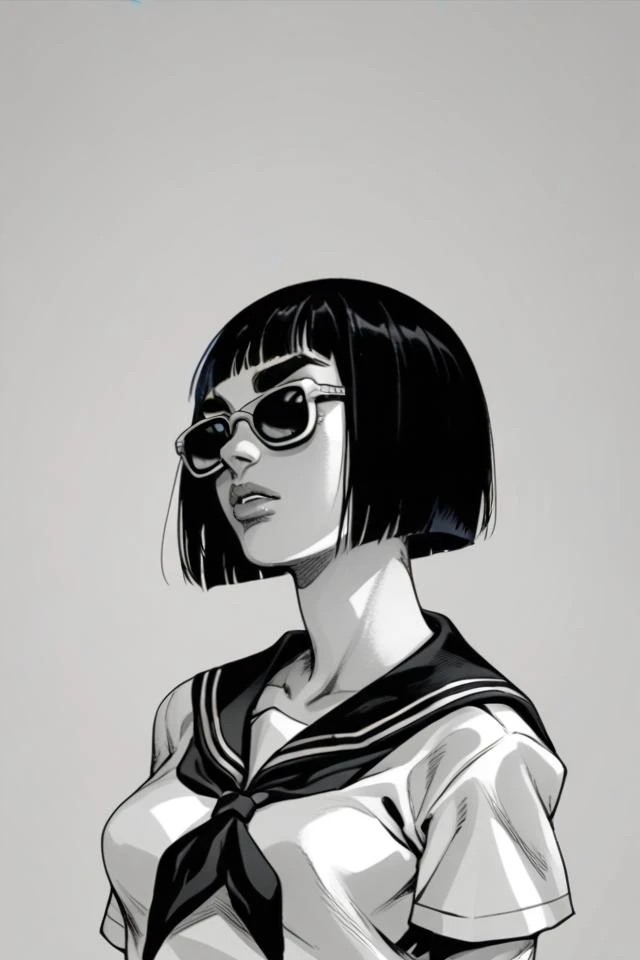 score_9, score_8_up, score_7_up, score_6_up, simple background, short hair, bob cut, black hair, thick eyebrows, medium breasts, sunglasses, serafuku, monochrome, manga, dithering, half-tone, <lora:j0j0styl3v1SDXLpony:1> j0j0styl3