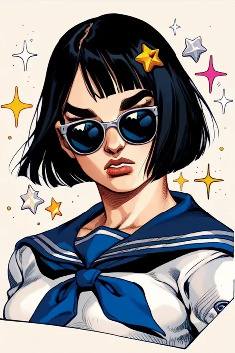 score_9, score_8_up, score_7_up, score_6_up, simple background, short hair, bob cut, black hair, thick eyebrows, medium breasts, sunglasses, serafuku, badges, pins, stars, symbols, <lora:j0j0styl3v1SDXLpony:1> j0j0styl3