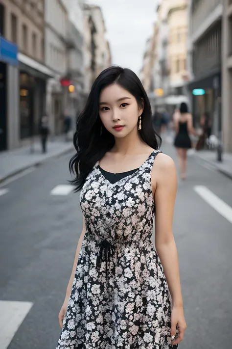 ((tall mature body)), (fair white skin), (upper body:1.2), (lower body:1.2), nikon RAW photo,8 k, Fujifilm XT3,masterpiece, best quality, realistic, photorealistic, ultra detailed, extremely detailed face, solo,1girl, standing at an empty street, fashionable and trendy atmosphere, and a stylish expression on her face, (medium waist), (medium hip), (((black dress))), sleeveless, loose dress, (medium breast), (midnight), looking at viewer, close up,