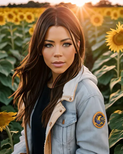 (raw:1.1) photo of (J4ckieR3d01:0.99), a woman as a movie star, modelshoot style, looking away, (summer jacket:1.2), outdoor in a (sun flower field:1.2), sunset lighting, (golden hour:1.2), (detailed face:1.1),, RAW candid cinema, 16mm, color graded portra 400 film, remarkable color, ultra realistic, textured skin, remarkable detailed pupils, realistic dull skin noise, visible skin detail, skin fuzz, dry skin, shot with cinematic camera, detailed skin texture, (blush:0.2), (goosebumps:0.3), subsurface scattering