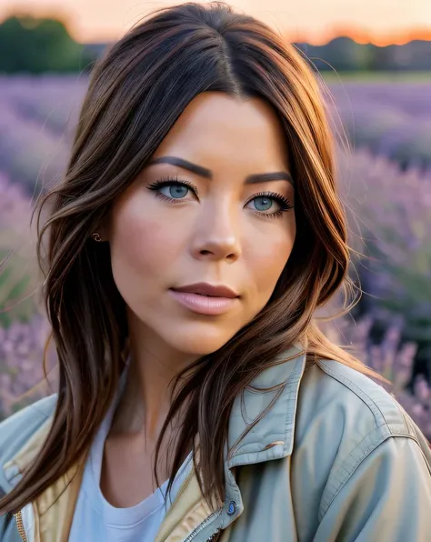 (raw:1.1) photo of (J4ckieR3d01:0.99), a woman as a movie star, modelshoot style, looking away, (summer jacket:1.2), outdoor in a (lavender field:1.2), sunset lighting, (golden hour:1.2), (detailed face:1.1),, RAW candid cinema, 16mm, color graded portra 400 film, remarkable color, ultra realistic, textured skin, remarkable detailed pupils, realistic dull skin noise, visible skin detail, skin fuzz, dry skin, shot with cinematic camera, detailed skin texture, (blush:0.2), (goosebumps:0.3), subsurface scattering
