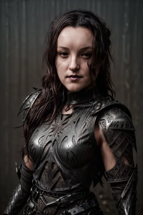 portrait of tlou-ellie in medieval fantasy steel armor, shoulder armor, in a misty battlefield, choker, black lipstick, (sexy goth:1.2), heavy makeup, photorealistic, Defined jawline, skin pores, shiny skin, grainy, <lora:more_details:1> dslr, wide angle, hazy lighting, film grain <lora:epiCRealismHelper:1> <lora:Clothing - Lace Armor:0.4> lac34rmor <lora:m99_nippleremover_1:1>