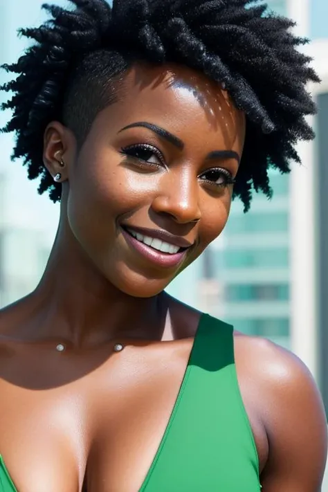 closeup portrait photo of sanaa in a green dress, frizzy black undercut hair with shaved side of head, deep-v neckline, smiling, cyberpunk cityscape, 8k uhd, dslr, soft lighting, high quality, film grain, Fujifilm XT3 <lora:sanaav5-64dimm:1>