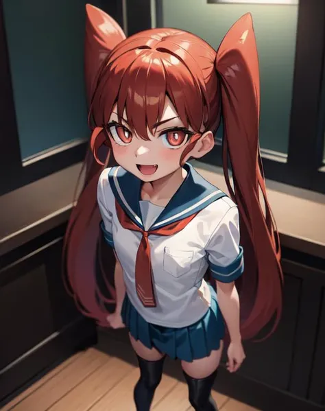 sketch,(defined line),detailed light,((cinematic lighting)),(very detailed face),(very detailed eyes),(((masterpiece))), best quality,perfect eyes, masterpiece , beautiful face, ultra detailed, highres,perfect hands:1.5,(CGI),((official wallpaper)),(realistic:1.2),(light rays),(perfect body:1.5),extremely detailed face,(HDR:1.5),Jewel-like eyes,best quality,emphasis lines:0.4,(skindentation:1.3),detailed gorgeous face, ((beautiful girl:1.5)), olive skin:1.5,(( extremely detailed, hyper detailed)),thick eyelashes,long eyelashes,looking at viewer,((:3))
(single thighhigh:1.5)
petite, petankko, (Big head),flat chest, absurdly long hair, (small girl)
<lora:ueno-san_wa_bukiyou-01:1>,ueno-san_wa_bukiyou01, 1girl, solo, long hair, looking at viewer, smile, open mouth, skirt, red eyes, hair between eyes, twintails, school uniform, standing, white shirt, pantyhose, red hair, pleated skirt, necktie, shoes, serafuku, fang, orange hair, blue skirt, orange eyes, black pantyhose,crossed arms, red necktie, classroom, indoors,