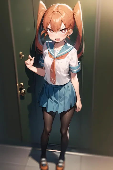 ueno-san_wa_bukiyou01, skirt, red eyes, hair between eyes, twintails, school uniform, standing, white shirt, pantyhose, red hair, pleated skirt, necktie, shoes, serafuku, fang, orange hair, blue skirt, orange eyes, black pantyhose,  <lora:ueno-san_wa_bukiyou-01:1>