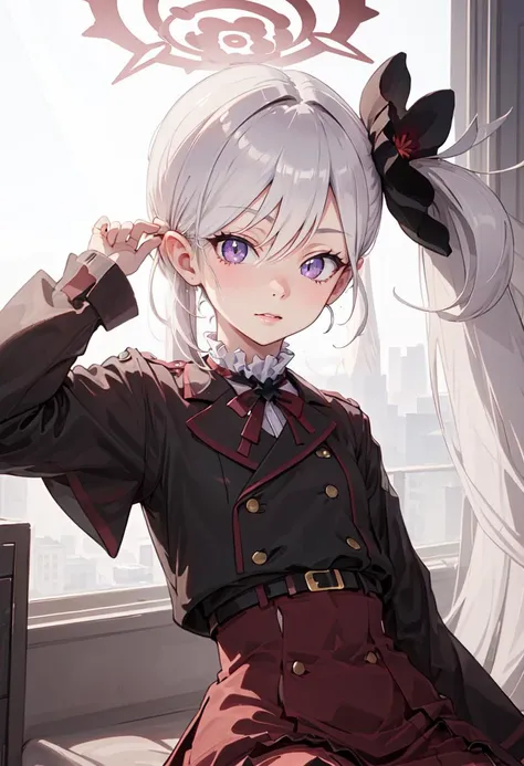 ((cowboy shot)),1girl,mutsukidef,(chibi:1.2),gray hair,long hair,side ponytail,(black cropped blazer),short sleeve,(red flare skirt),Hair Ornaments,halo,grin,dynamic angle,(from below,head rest,squatting,open legs),white panty,(cameltoe:1.3),masterpiece,Noise Reduction,perfect anatomy,high resolution, ultra-detailed, ultra-detailed face,game cg,dutch angle ,beautiful detailed eyes,visualart,five fingers, perfect hands, perfect lighting, sparkling pupils,