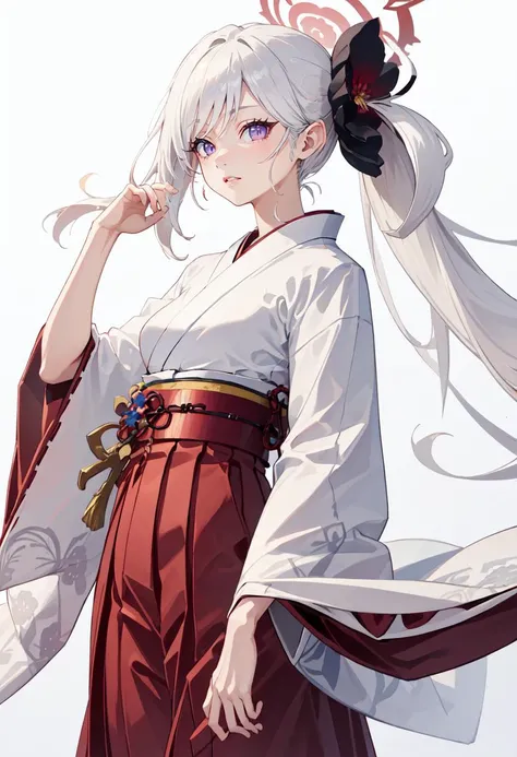 best quality, masterpiece, highres, solo, (mutsuki_bluearchive:1.10), (white kimono:1.35), (red hakama:1.35), (wide sleeves:1.20), 30 <lora:mutsuki_bluearchive:0.80>