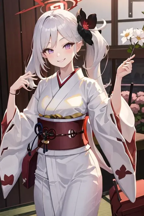 best quality, masterpiece, highres, solo, {white kimono:1.35}, {red hakama:1.35}, {wide sleeves:1.20}, {mutsuki_bluearchive:1.15}, long_hair, hair_ornament, smile, halo, bangs, purple_eyes, white_hair, side_ponytail, blush, hair_flower, flower, grey_hair, pointy_ears