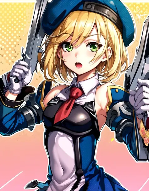 (symmetric, highres, absurdres, novel illustration, promotional art, game cg, exceptional, best aesthetic, best quality, masterpiece, extremely detailed, center frame:1.0), holding gun, handgun, dual wielding, noel vermillion, solo, green eyes, blonde hair, short hair, beret, collared dress, detached sleeves, white gloves, ((outline)), ((polka dot background)) <lora:noel vermillion (calamity trigger):1>