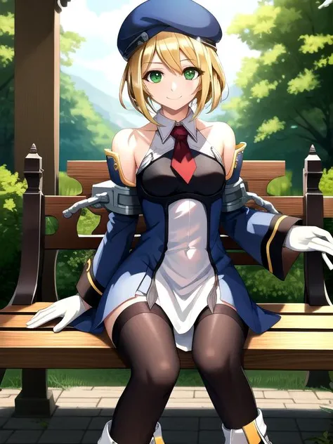 (symmetric, highres, absurdres, novel illustration, promotional art, game cg, exceptional, best aesthetic, best quality, masterpiece, extremely detailed, center frame:1.0), noel vermillion, solo, green eyes, blonde hair, short hair, beret, collared dress, detached sleeves, white gloves, outdoors, bench, light smile, <lora:noel vermillion (calamity trigger):1>