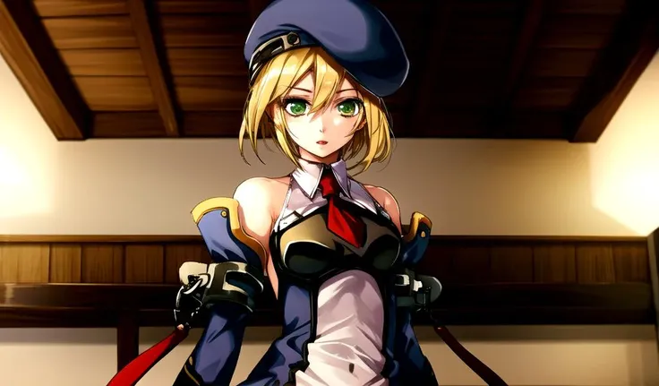 noel vermillion, solo, green eyes, blonde hair, short hair, beret, collared dress, detached sleeves, white gloves, black thighhighs, indoors, <lora:noel vermillion (calamity trigger):1>
