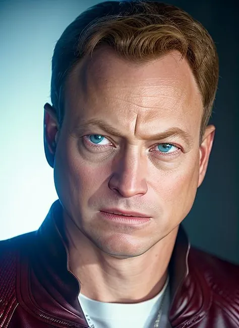 portrait of sksperson man, fear , wearing khakis , with side part strawberry blonde Caesar cut , background space epic (photo, studio lighting, hard light, sony a7, 50 mm, matte skin, pores, colors, hyperdetailed, hyperrealistic), <lyco:Gary Sinise:1.0>
