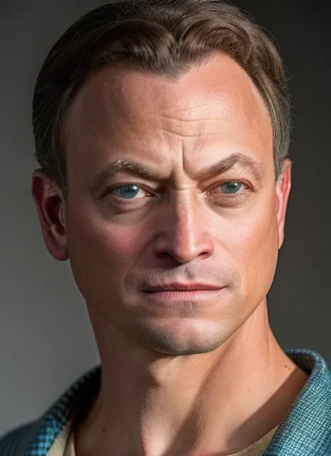 portrait of sksperson man, sick , wearing henley , with mutton chops light blonde Textured crop , background medieval village epic (photo, studio lighting, hard light, sony a7, 50 mm, matte skin, pores, colors, hyperdetailed, hyperrealistic), <lyco:Gary Sinise:1.0>