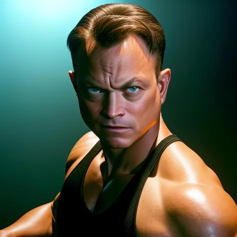 portrait of sksperson man, determined , wearing muscle shirt , with slick back brown Side-swept fringe , background pagoda epic (photo, studio lighting, hard light, sony a7, 50 mm, matte skin, pores, colors, hyperdetailed, hyperrealistic), <lyco:Gary Sinise:1.2>