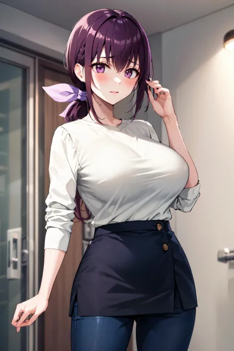 masterpiece, best quality, highres, 1girl, hi1, purple hair, purple eyes, large breasts, hair bow, skirt, pants, white shirt,